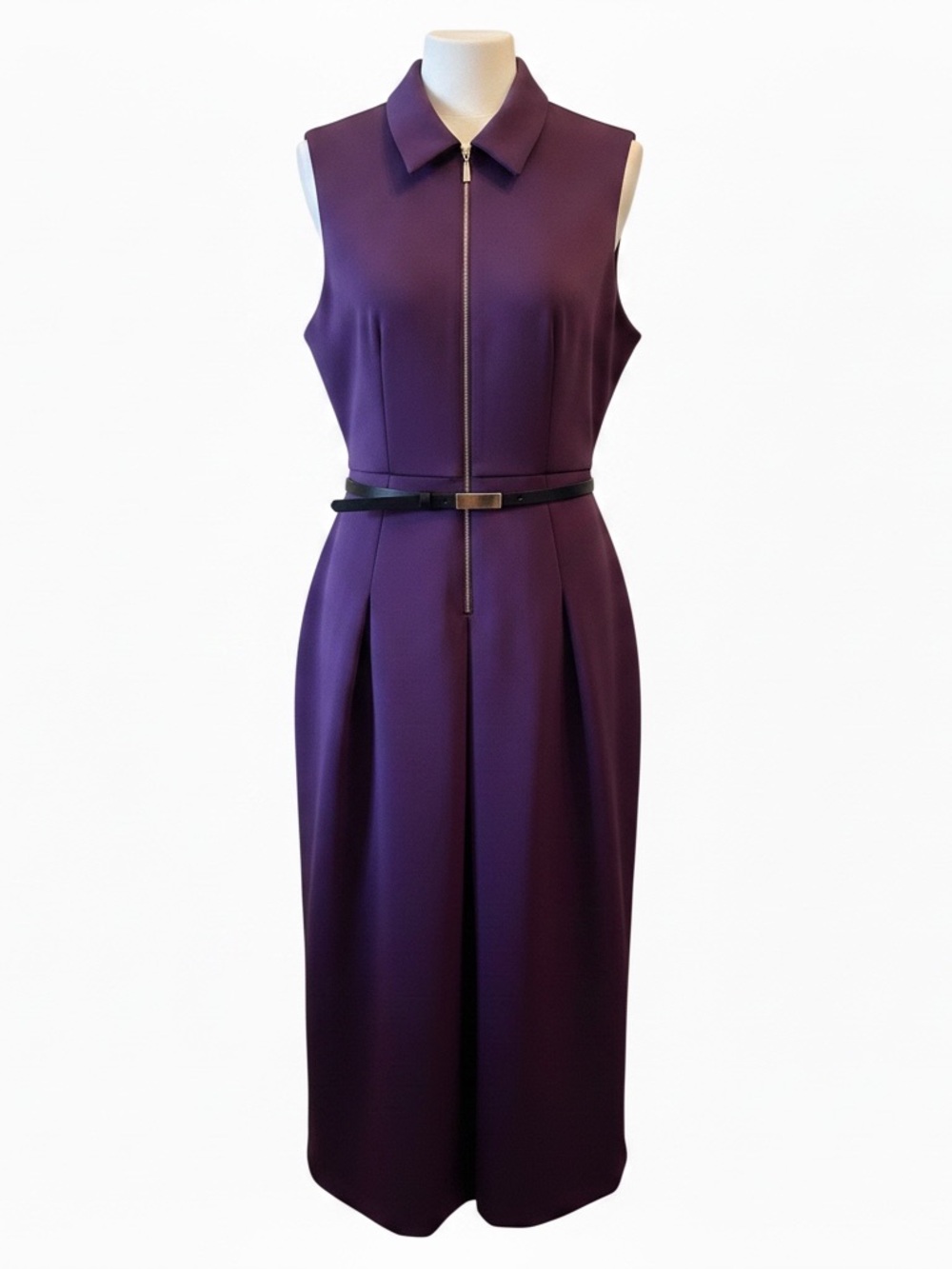 Calvin Klein Sleeveless Purple Zip-Front Midi Dress with Belt